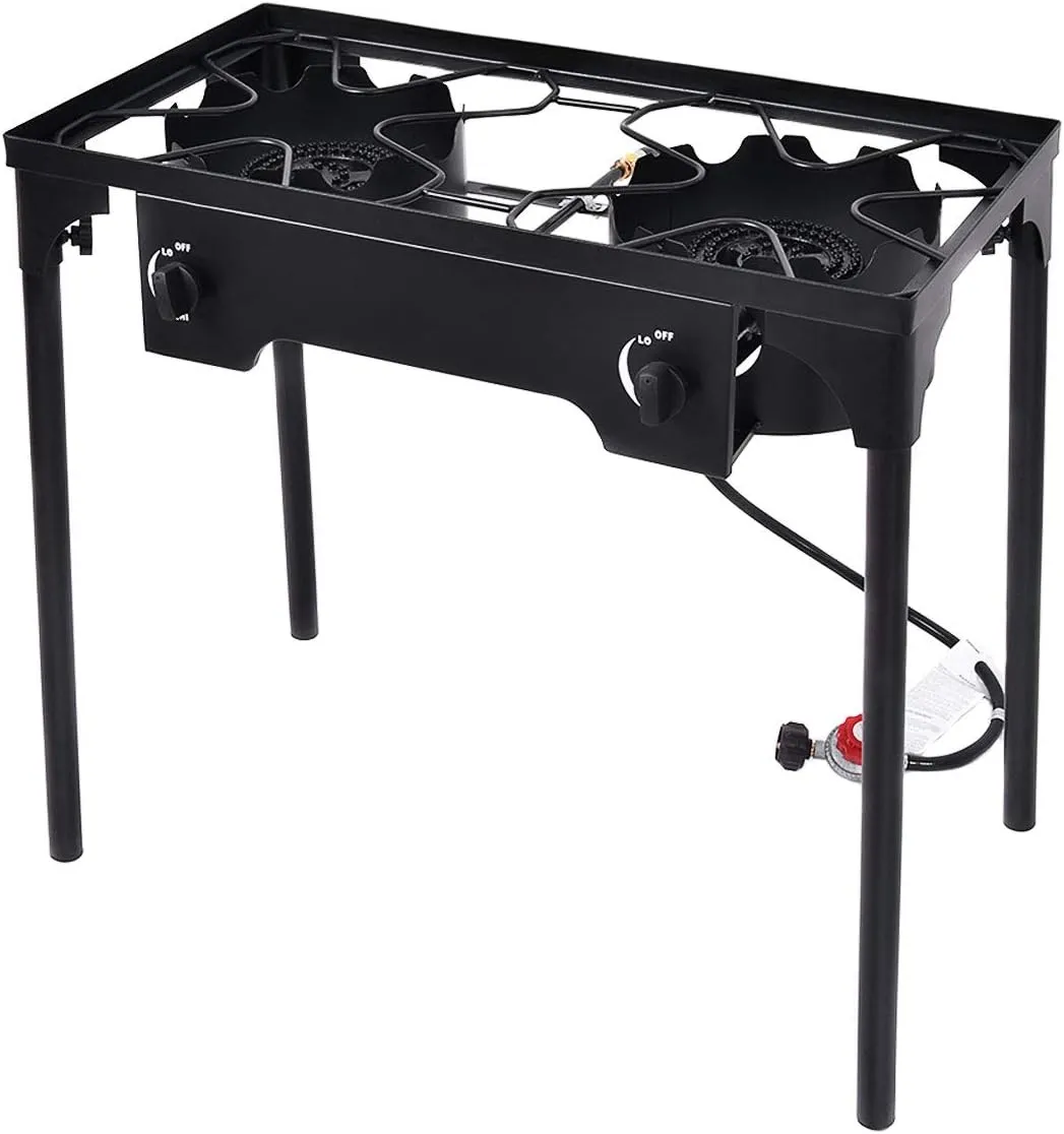 GYMAX Camping Stove, 2 Burner Propane Camp Stove w/Detachable Legs, 150,000-BTU Output, 20 PSI Regulator & CSA Certification, 30’’ Outdoor Stove, High Pressure Propane Burner for BBQ (2 Burner)