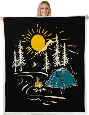 Happy Camping Throw Blanket,Watercolor Camper Sun Mountain Trees Plants Fleece Throw Blanket for Home Decor Sofa Couch,Campfire Tent Fleece Blankets,40"x50"