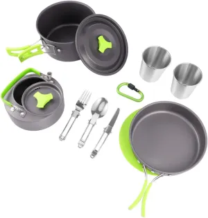 Happyyami Camping Cooking Kits 12-Piece Set Portable Cooking Utensil Kit Non-Stick Cookware Professional Utensils Compact Easy to Carry Green