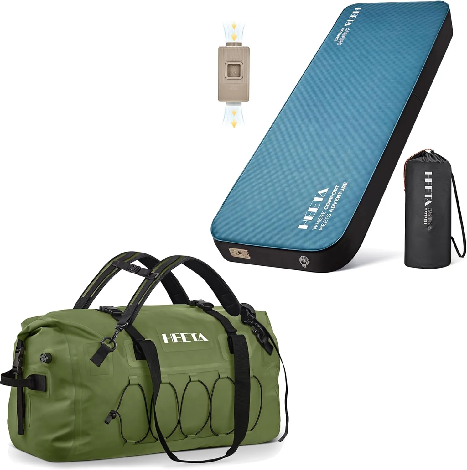 HEETA Waterproof Duffel Bag Motorcycle Dry Bag (Green 60L) Bundled with Self Inflating Sleeping Pad with Electric Pump, 4" Ultra Thick Memory Foam Camping Mattress