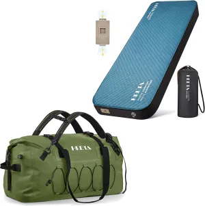HEETA Waterproof Duffel Bag Motorcycle Dry Bag (Green 60L) Bundled with Self Inflating Sleeping Pad with Electric Pump, 4" Ultra Thick Memory Foam Camping Mattress