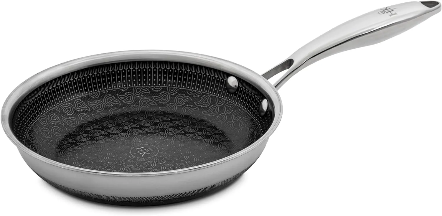 Hell's Kitchen Hybrid 8" Frying Pan, Tri-Clad Stainless Steel and Nonstick Ceramic PFAS Free, no PFOA, PTFE, or Teflon, Non Toxic Cookware, Metal Utensil Safe, All Cooktops, Oven Safe