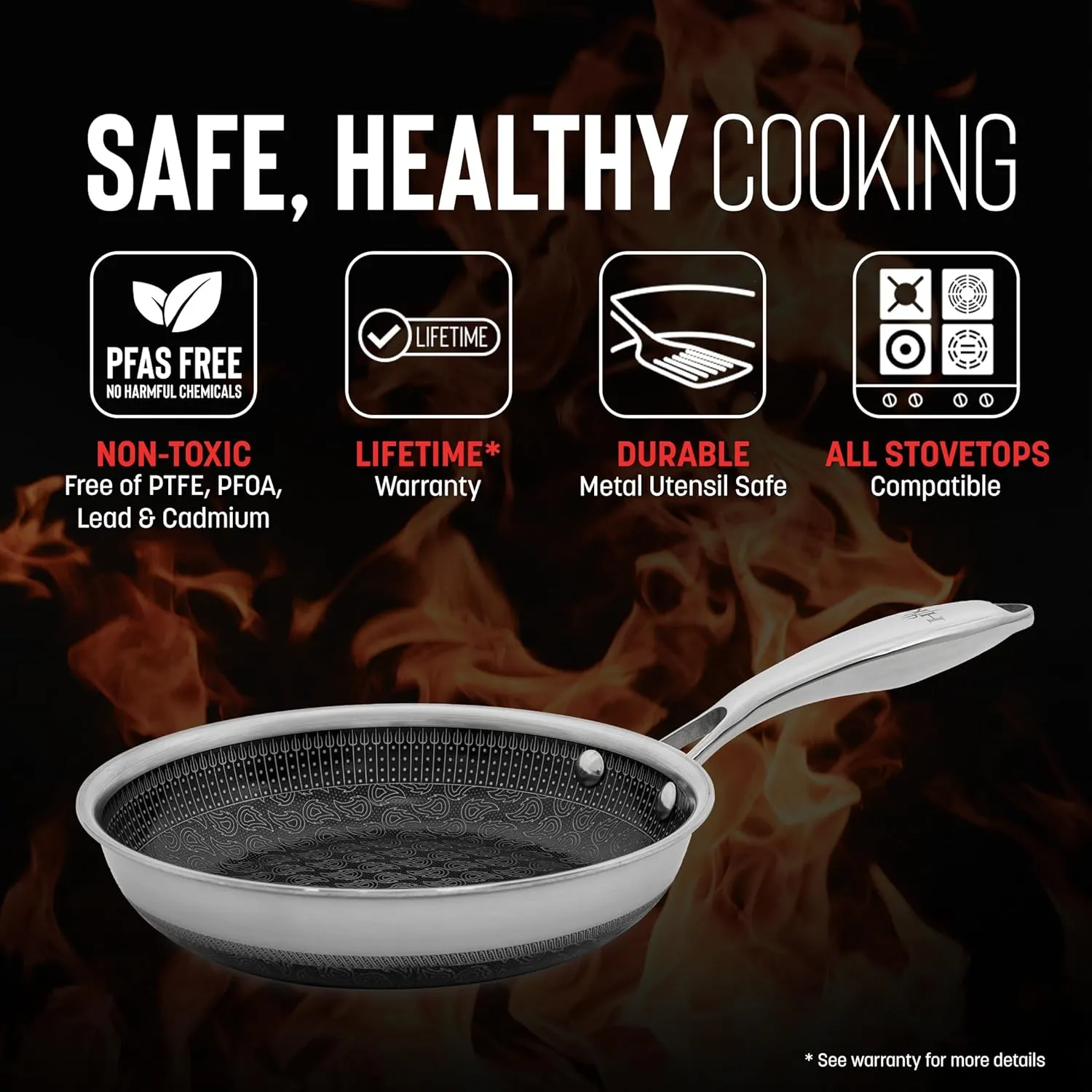 Hell's Kitchen Hybrid 8" Frying Pan, Tri-Clad Stainless Steel and Nonstick Ceramic PFAS Free, no PFOA, PTFE, or Teflon, Non Toxic Cookware, Metal Utensil Safe, All Cooktops, Oven Safe