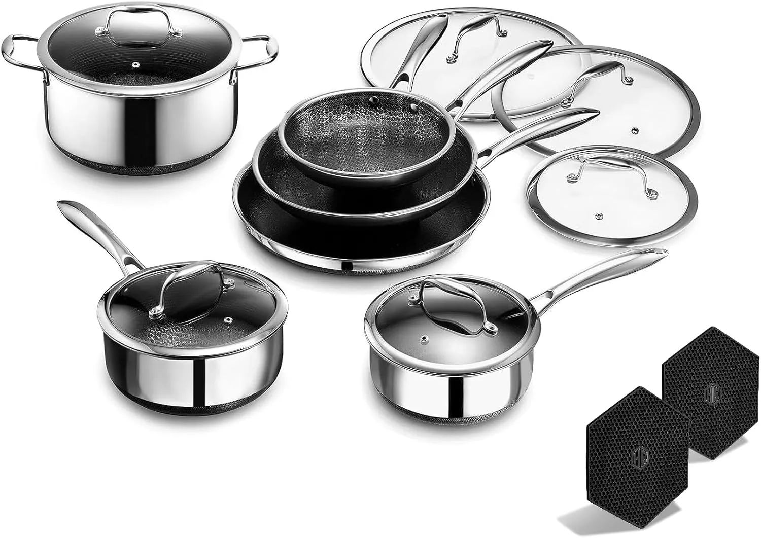 HexClad Hybrid Nonstick 14-Piece Cookware Set, 8", 10", and 12" Pans with Lids, 2, 3, and 8Qt Pots with Lids, and 2 Silicone Trivets, Stay-Cool Handles, Dishwasher and Oven-Safe, Induction Ready