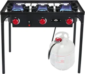 Hike Crew Auto Ignition 3-Burner Outdoor Gas Stove | 225,000 BTU Portable Propane-Powered Cooktop with Blue Flame Control, Removable Legs, Temperature Setting Knobs | Includes Hose & Regulator