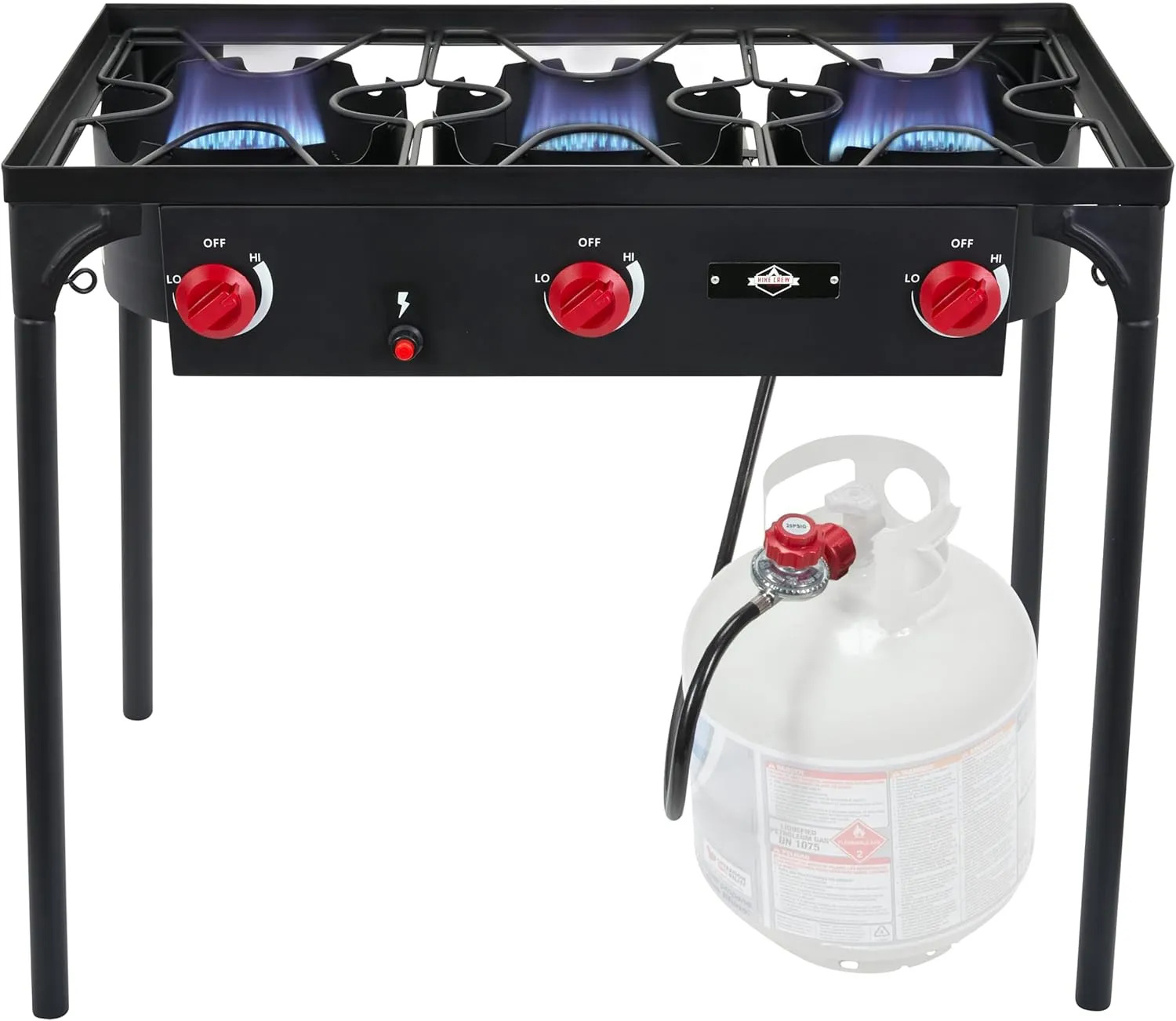 Hike Crew Auto Ignition 3-Burner Outdoor Gas Stove | 225,000 BTU Portable Propane-Powered Cooktop with Blue Flame Control, Removable Legs, Temperature Setting Knobs | Includes Hose & Regulator