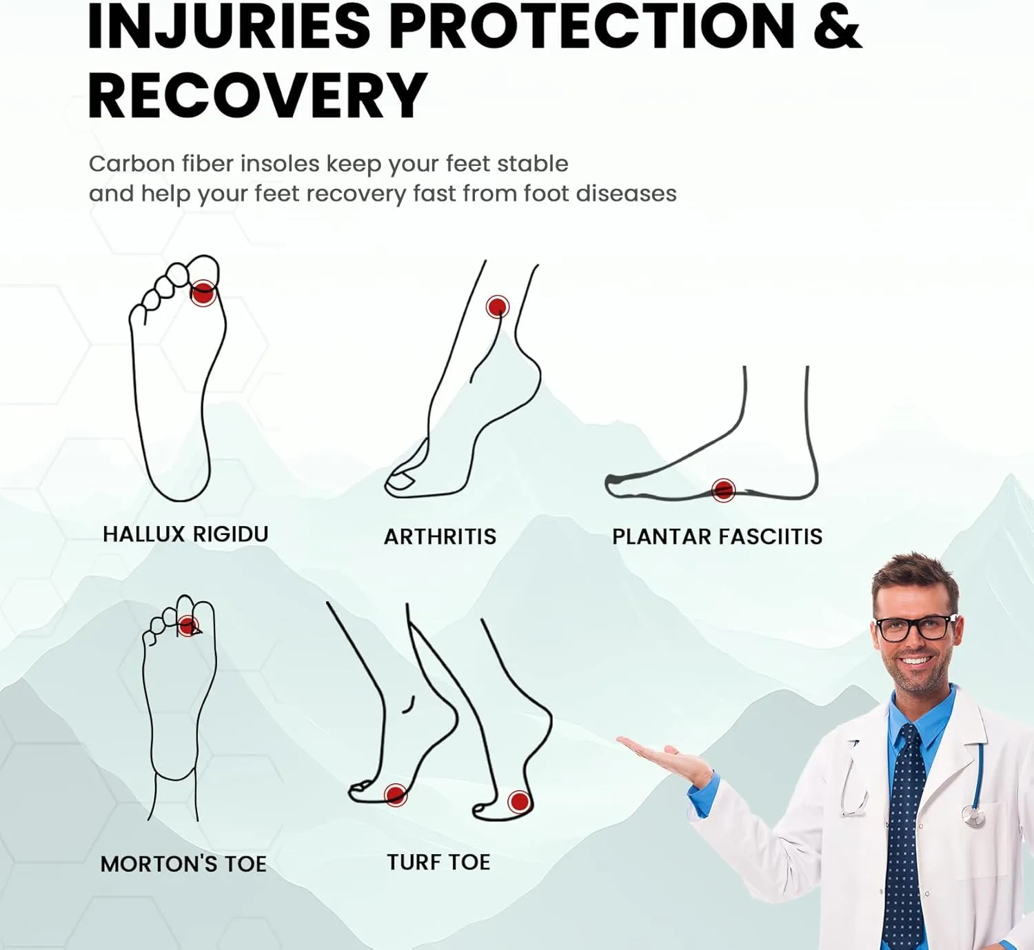 Hike Support Insoles - Welnove Carbon Fiber Insoles -Shoe Insert for Hiking Ourdoor Sport - Rigid Support for Turf Toe,Foot Fractures,Hallux Rigidus,Hiking Boots Inserts for Men Women-L