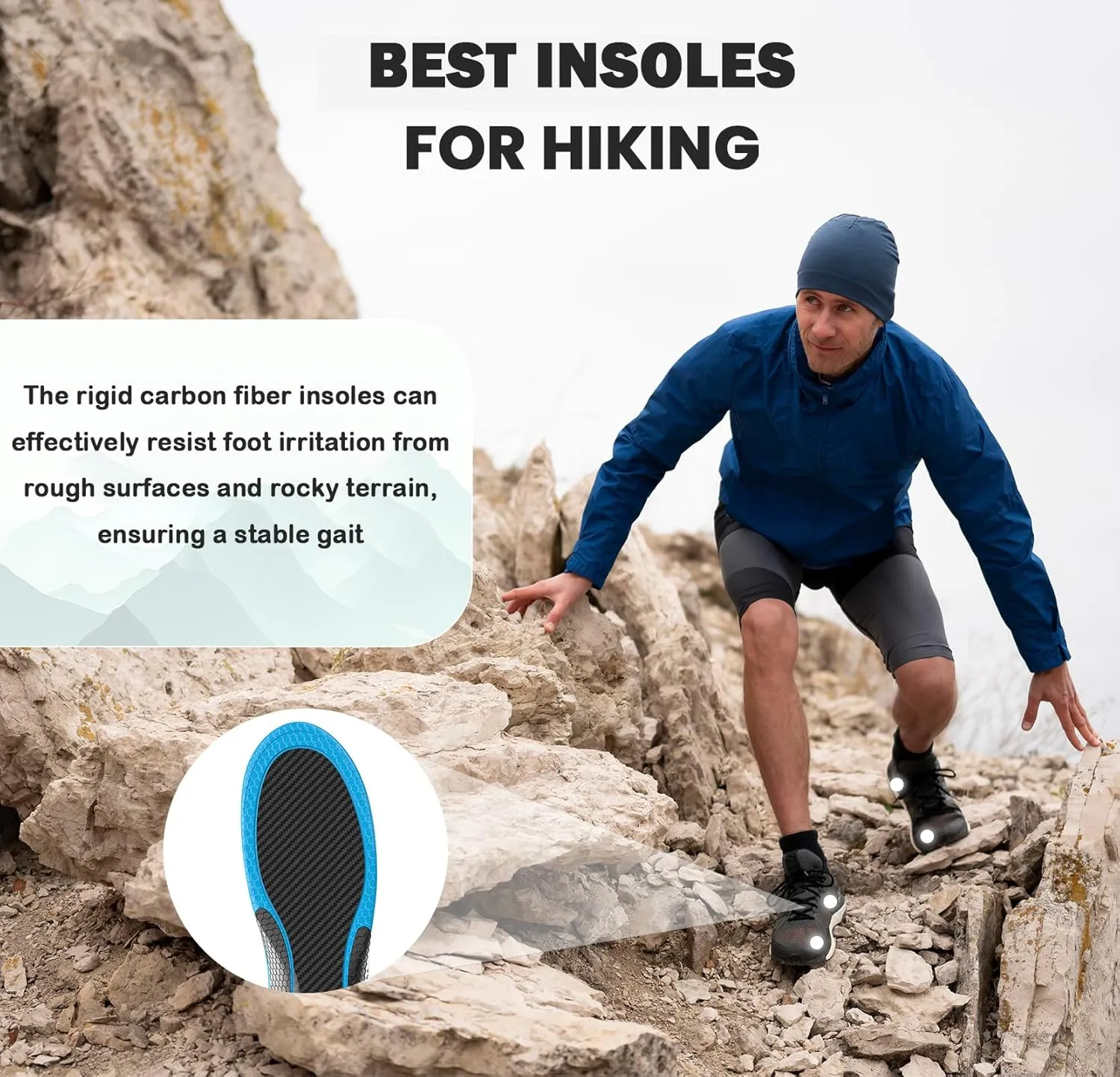 Hike Support Insoles - Welnove Carbon Fiber Insoles -Shoe Insert for Hiking Ourdoor Sport - Rigid Support for Turf Toe,Foot Fractures,Hallux Rigidus,Hiking Boots Inserts for Men Women-L