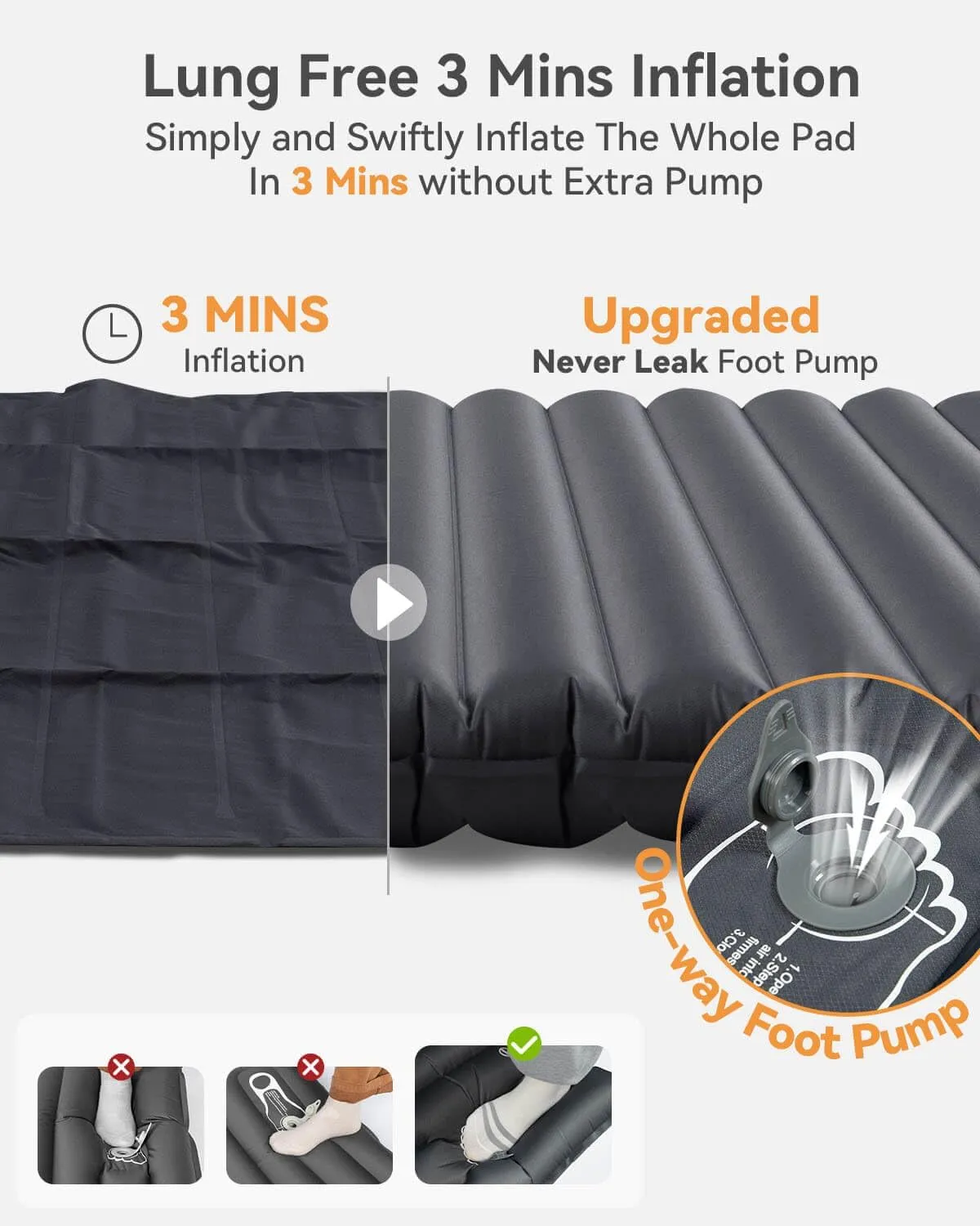Hikenture Double Sleeping Pad for Camping, 4" Extra-Thick Camping Mattress 2 Person, Inflatable & Ultralight Sleeping Mat for Backpacking, Hiking (Grey Foot Pump, Full XL)