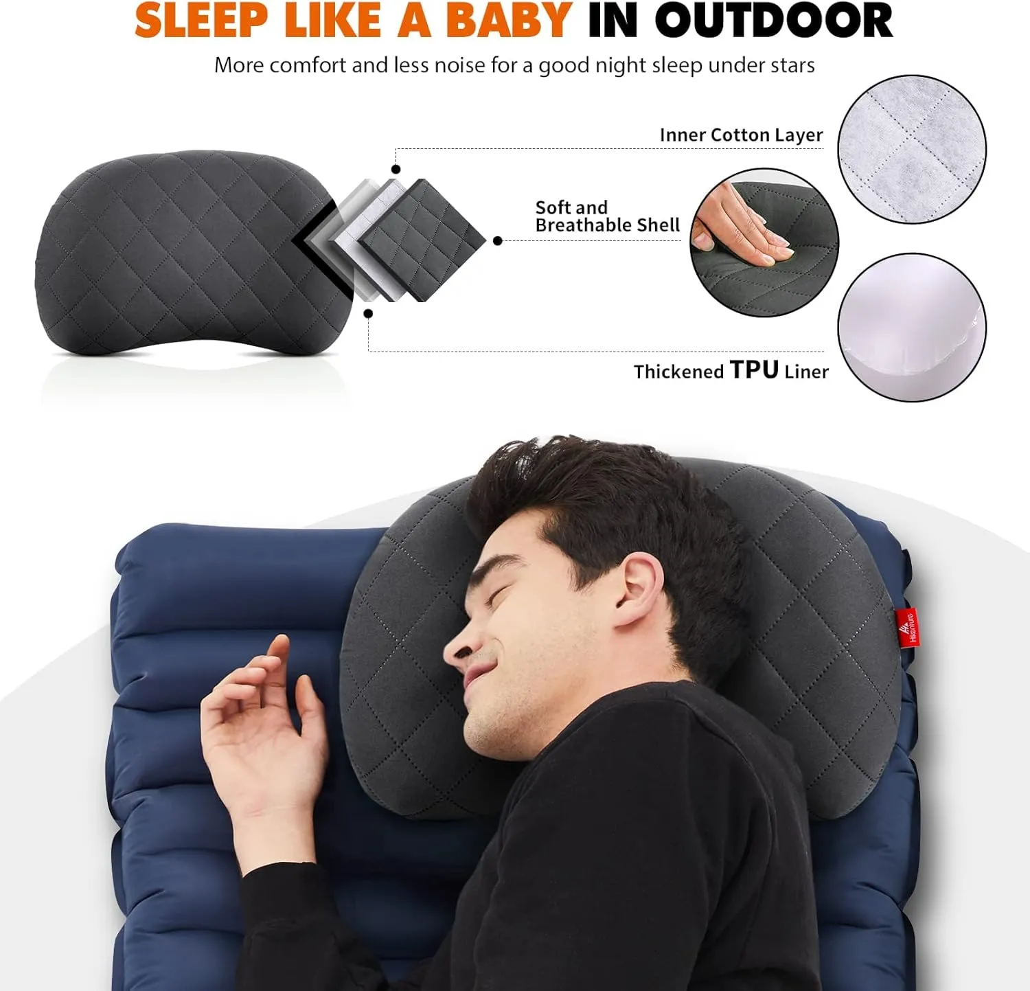 Hikenture Inflatable Pillow for Camping, Washable Backpacking Pillow for Sleeping, Ultralight Blow Up Pillows with Removable Cover, Portable&Compact Hiking Pillow for Beach, Travel, Outdoor(Grey)