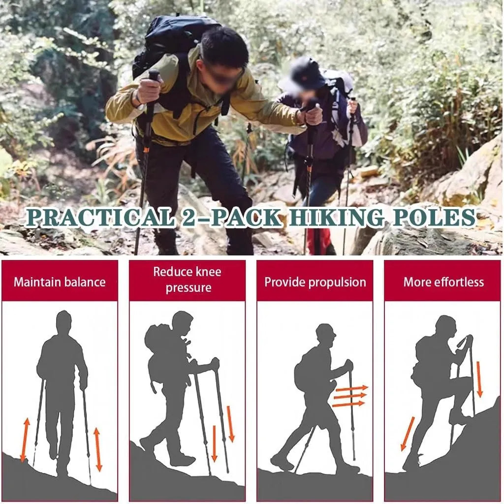 Hiking Sticks with EVA Grips- 5-Stage Telescopic, Collapsible, Shock-Absorbent Trekking Poles, 2 Pack