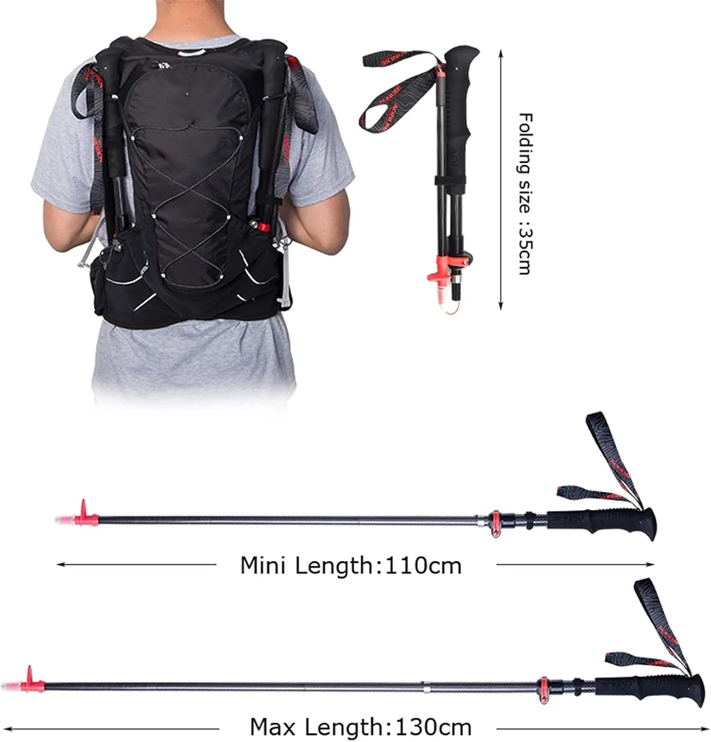 Hiking Trekking Poles, Lightweight Folding Hiking Trekking Poles, Adjustable 110-130Cm, High Grip and Soft and Comfortable Handle with Wrist Strap (Red 2PCS)