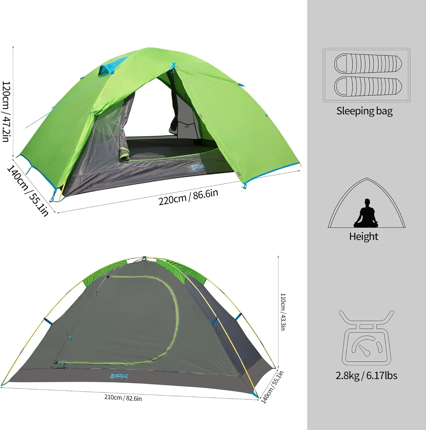Himalaya 2 Person Camping Tent, Backpacking Tent Waterproof Windproof Lightweight Portable Easy Setup Double Layer Two Door for Outdoor Camping Hiking Mountaineering Travel