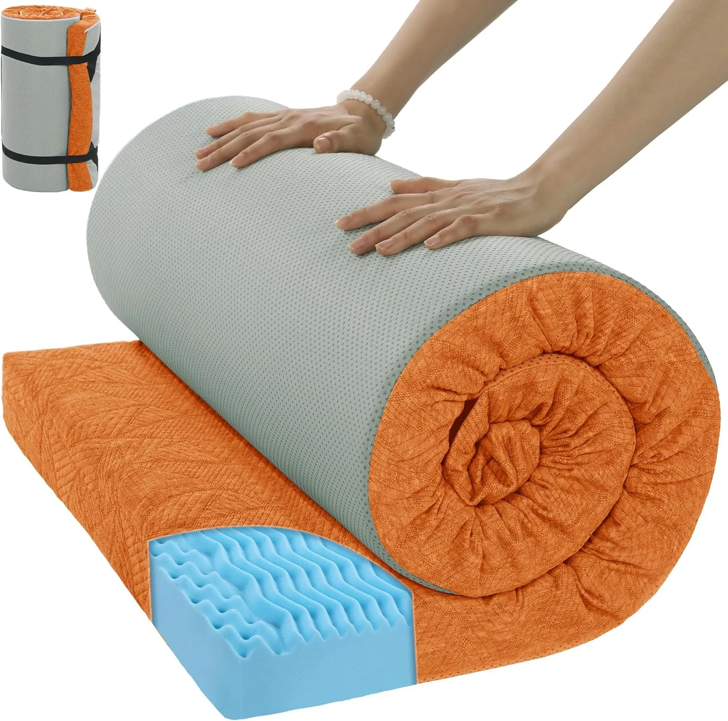 HOMBYS 3 Inch Thick Memory Foam Camping Mattress for Outdoor Sleeping, Roll Up Porable Camping Pad Mat with Knitted Cover for Travel Truck Bed Tent