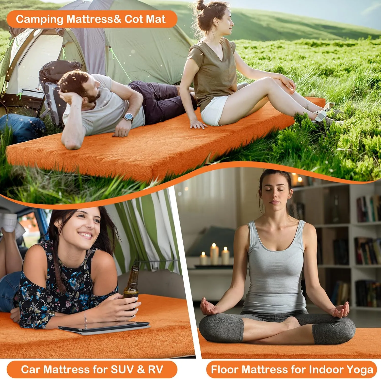 HOMBYS 3 Inch Thick Memory Foam Camping Mattress for Outdoor Sleeping, Roll Up Porable Camping Pad Mat with Knitted Cover for Travel Truck Bed Tent