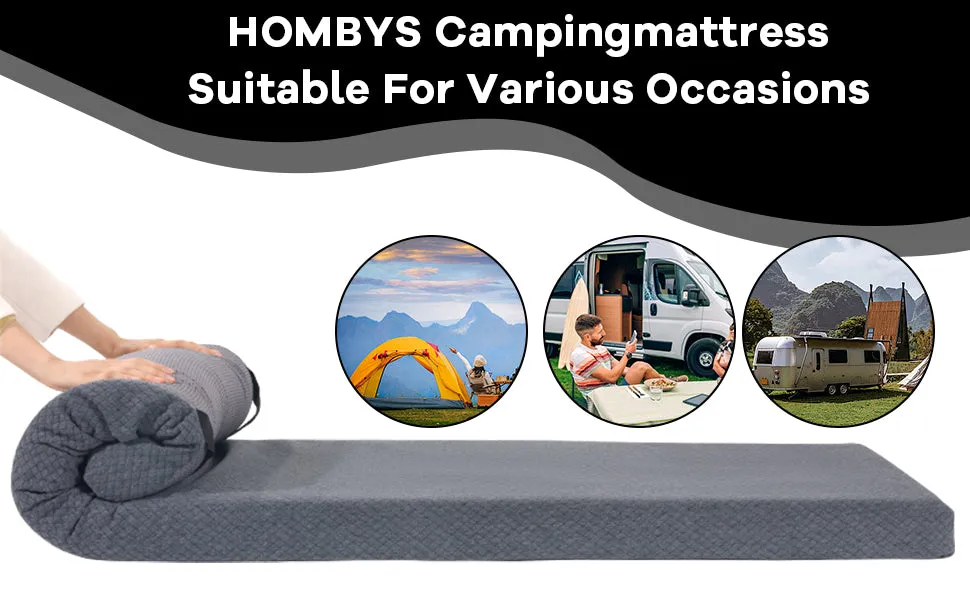 HOMBYS Memory Foam Camping Mattress Pad,Portable Sleeping Pad for Adult,Waterproof Cot Mattress,Roll Up Floor Mattress,Foldable Backpacking Travel Bed for Hiking,Guest Bed