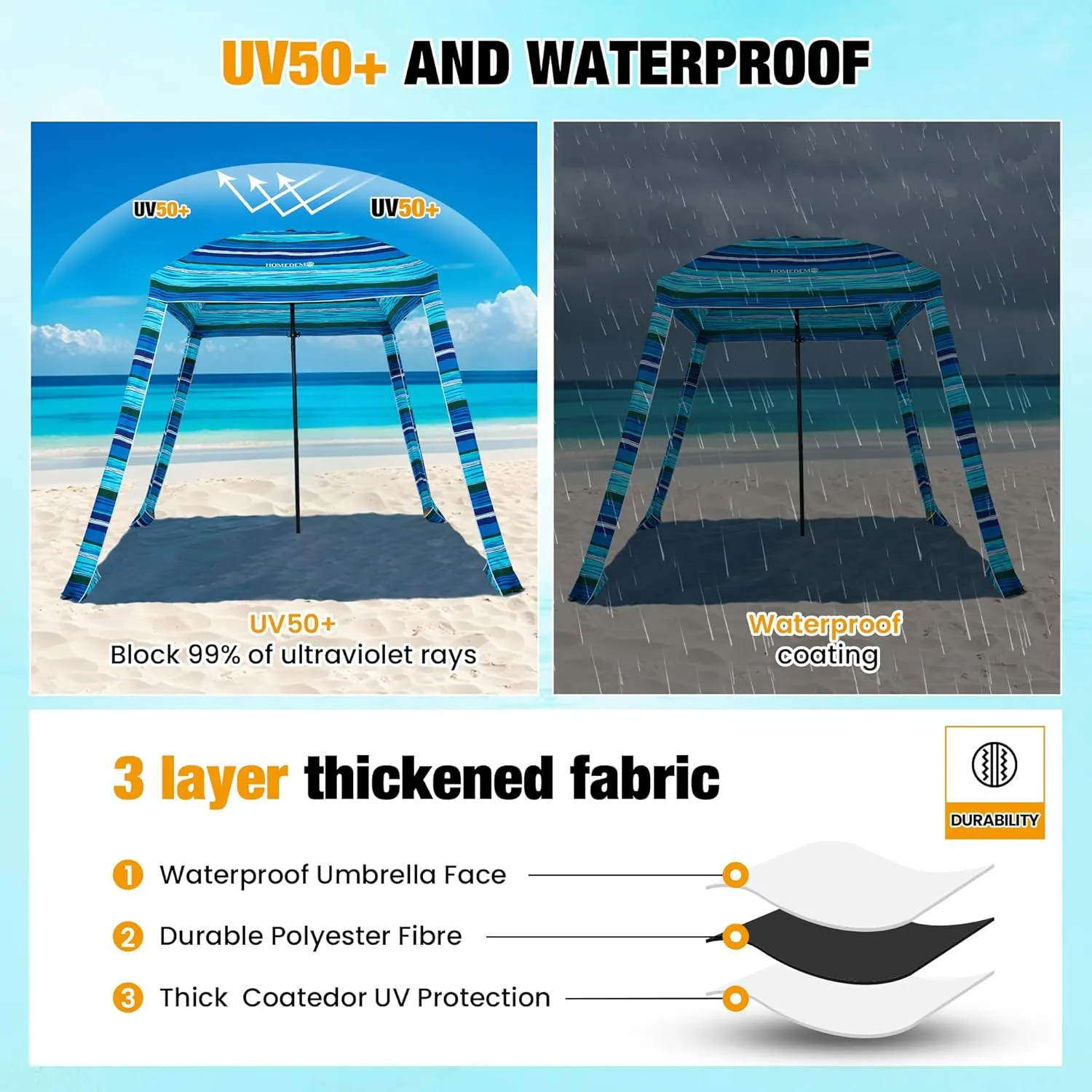 HOMEDEMO Beach Cabana UPF 50 , 6'×6' Beach Canopy, Easy Set up and Take Down, Cool Cabana Beach Tent with Sand Pockets, Side Wall Beach Shade Canopy Wind Waterproof for Kids, Family & Friends