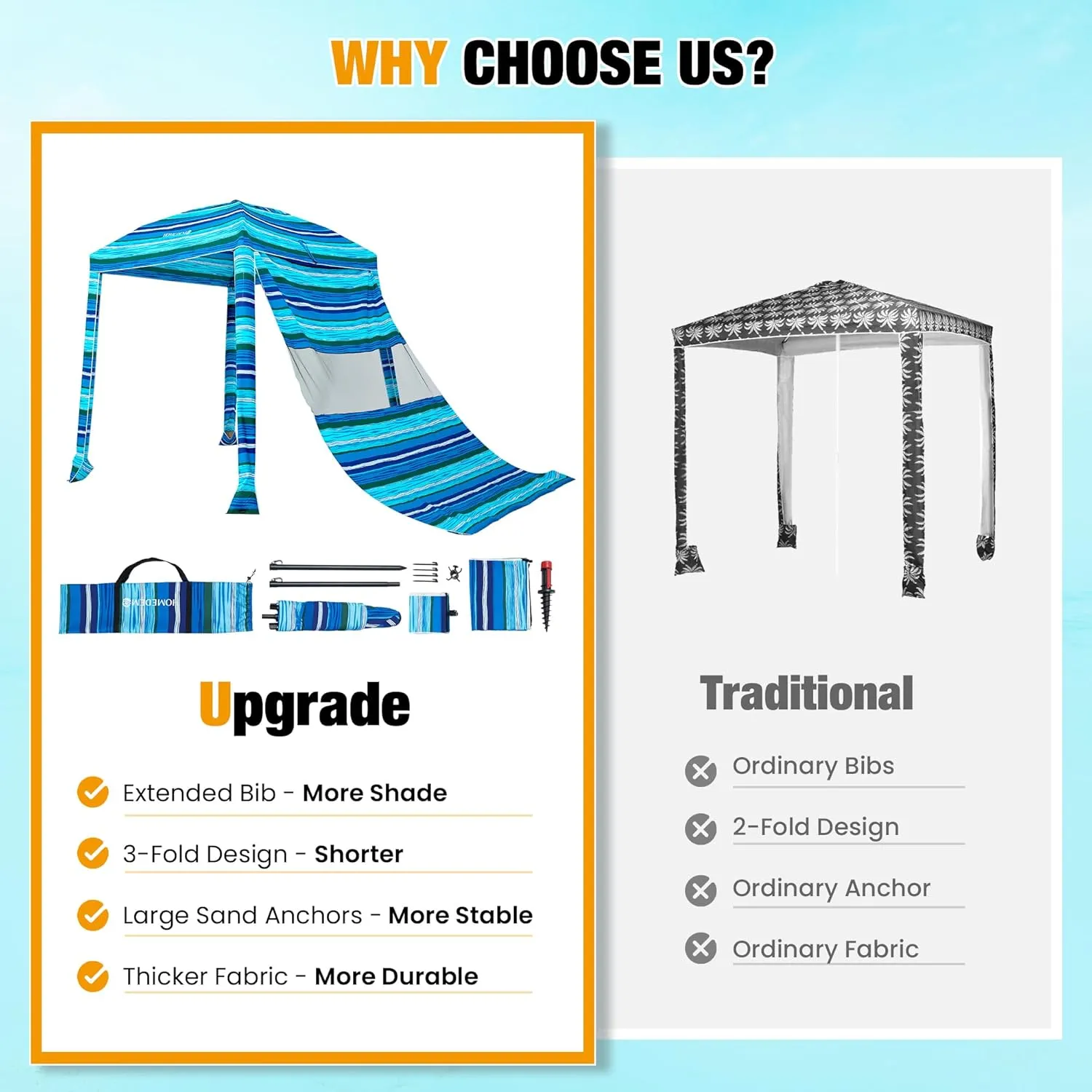 HOMEDEMO Beach Cabana UPF 50 , 6'×6' Beach Canopy, Easy Set up and Take Down, Cool Cabana Beach Tent with Sand Pockets, Side Wall Beach Shade Canopy Wind Waterproof for Kids, Family & Friends