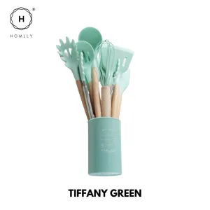 Homlly Silicone Cooking Kitchen 12 PCS Acacia Wooden Utensils Tool (BPA Free)