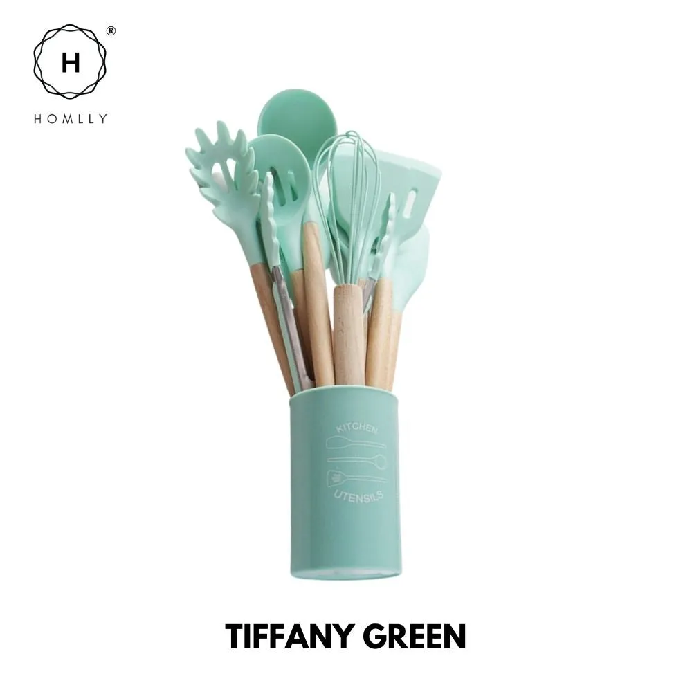 Homlly Silicone Cooking Kitchen 12 PCS Acacia Wooden Utensils Tool (BPA Free)