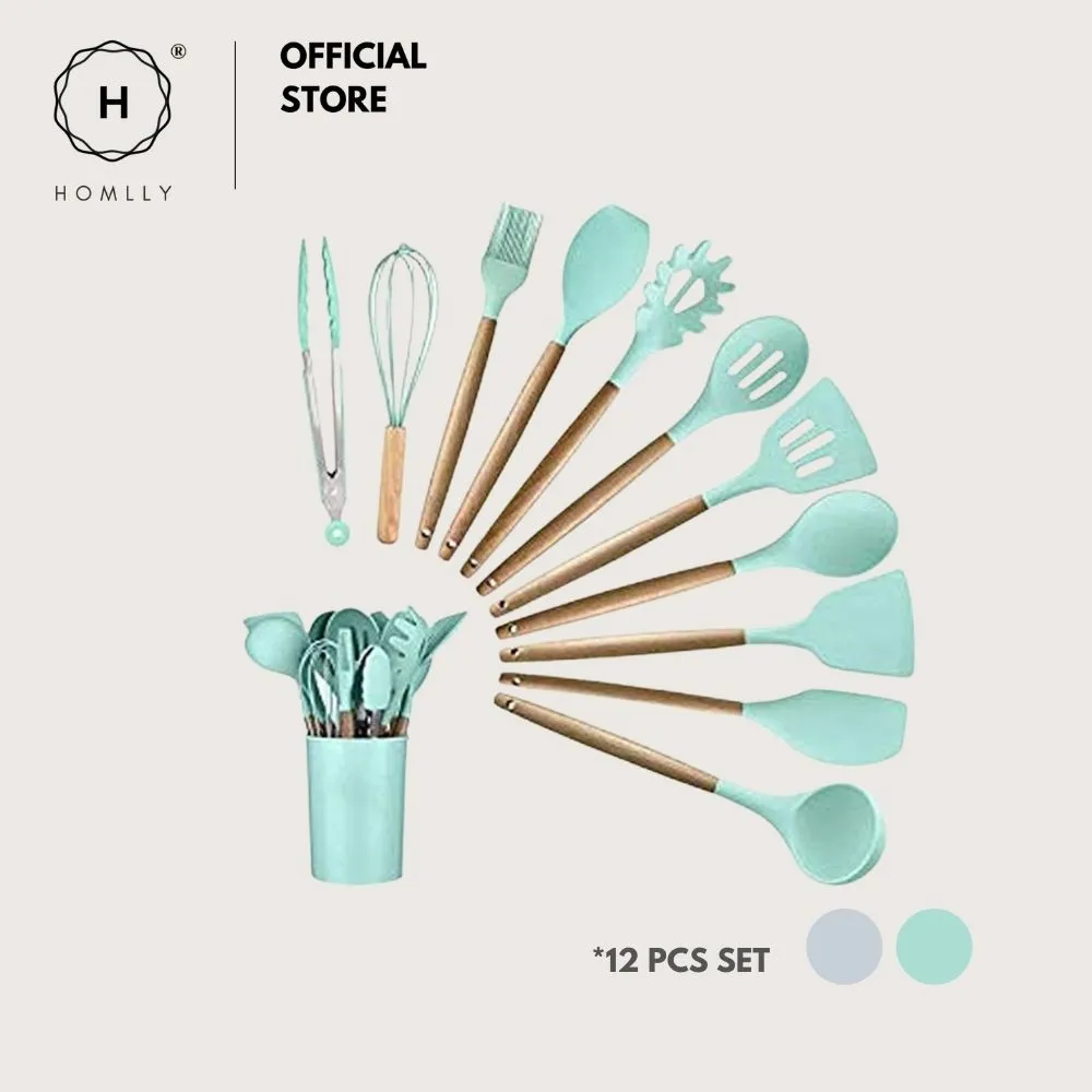Homlly Silicone Cooking Kitchen 12 PCS Acacia Wooden Utensils Tool (BPA Free)