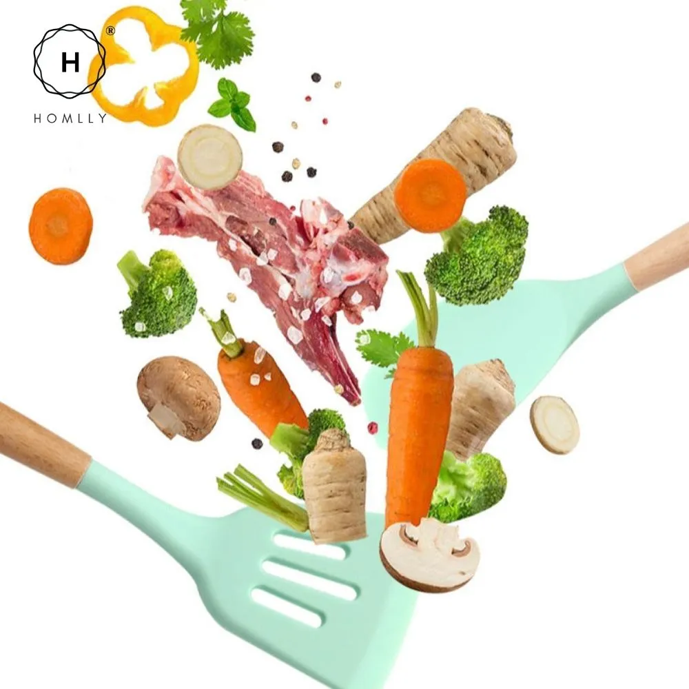 Homlly Silicone Cooking Kitchen 12 PCS Acacia Wooden Utensils Tool (BPA Free)