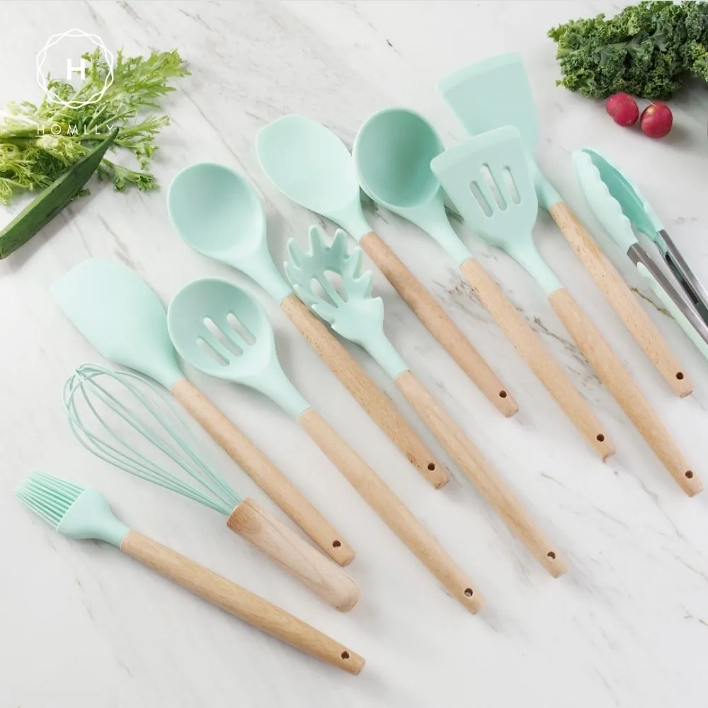 Homlly Silicone Cooking Kitchen 12 PCS Acacia Wooden Utensils Tool (BPA Free)