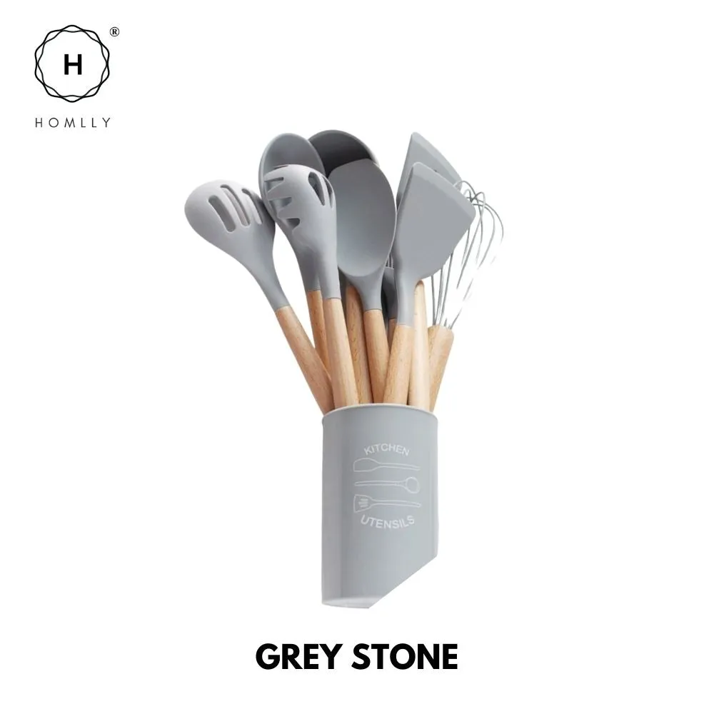 Homlly Silicone Cooking Kitchen 12 PCS Acacia Wooden Utensils Tool (BPA Free)