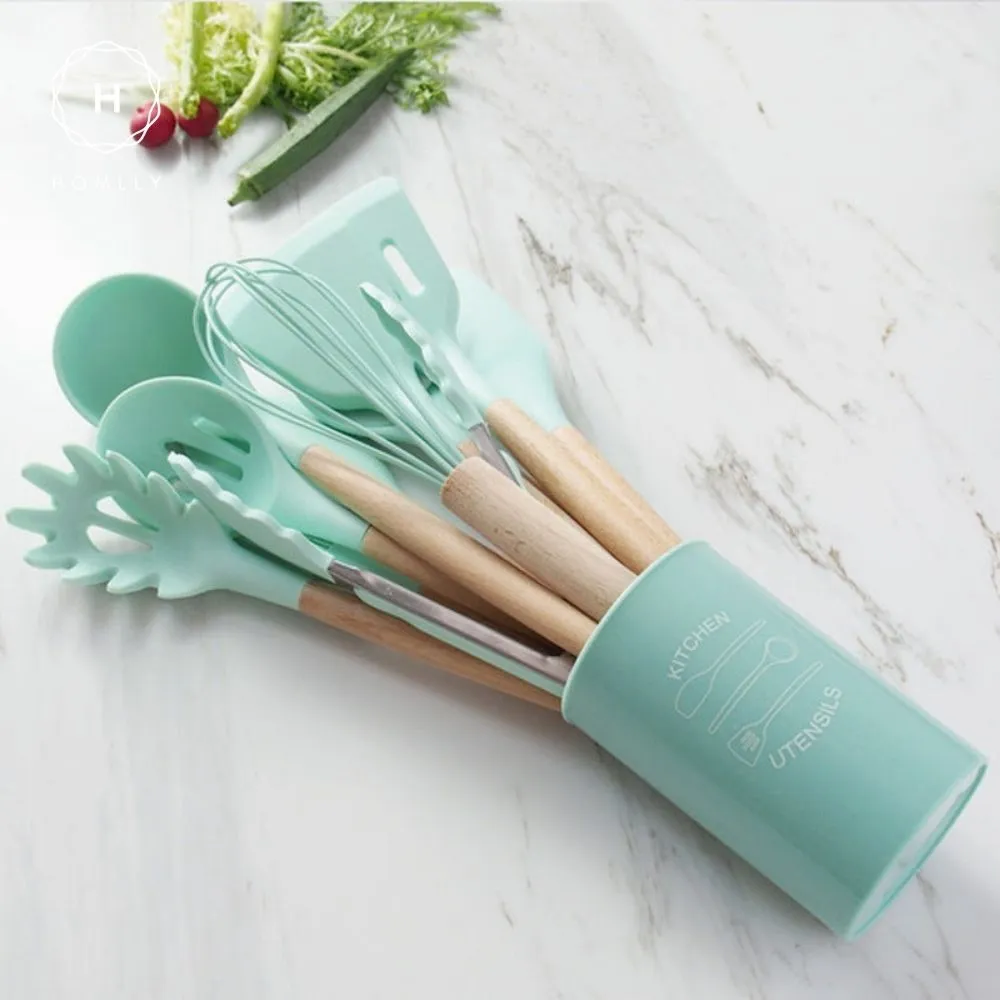 Homlly Silicone Cooking Kitchen 12 PCS Acacia Wooden Utensils Tool (BPA Free)