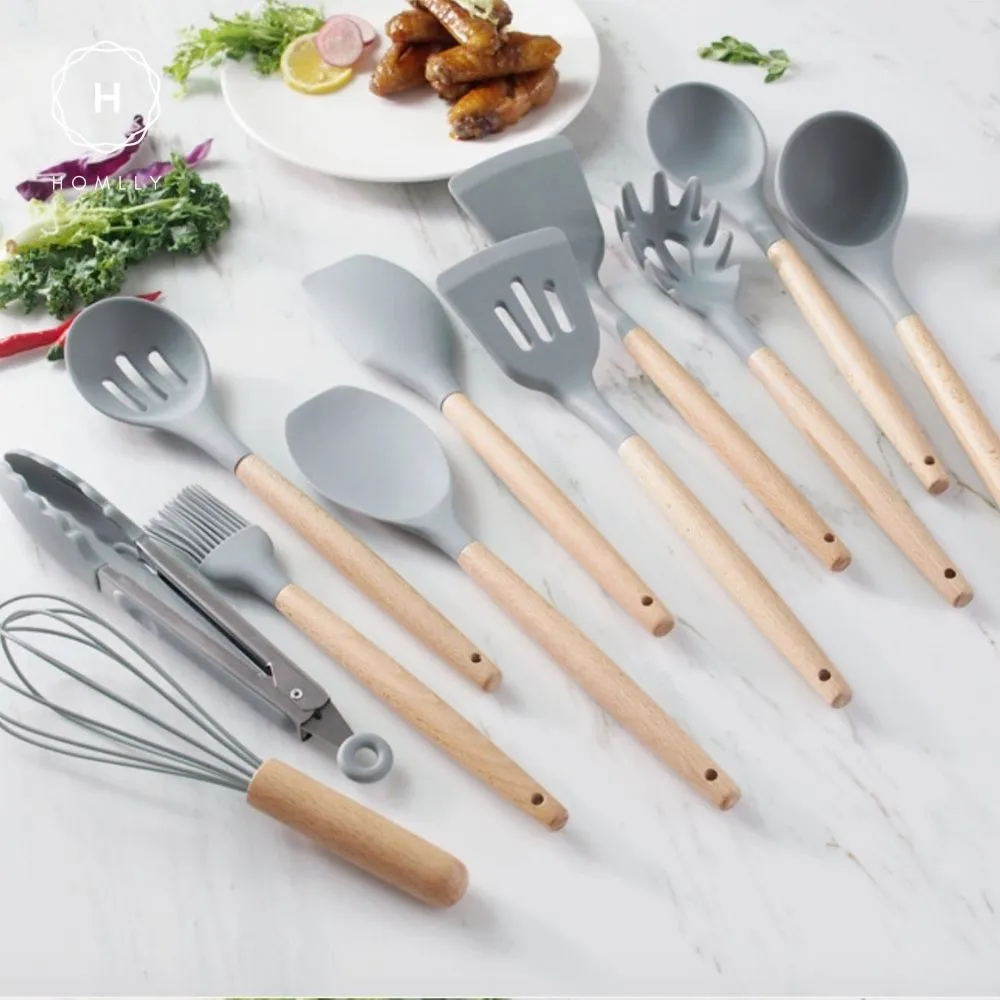 Homlly Silicone Cooking Kitchen 12 PCS Acacia Wooden Utensils Tool (BPA Free)