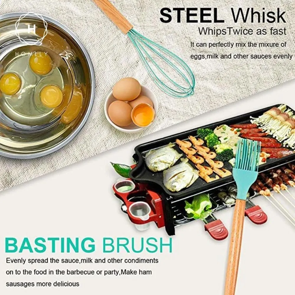 Homlly Silicone Cooking Kitchen 12 PCS Acacia Wooden Utensils Tool (BPA Free)
