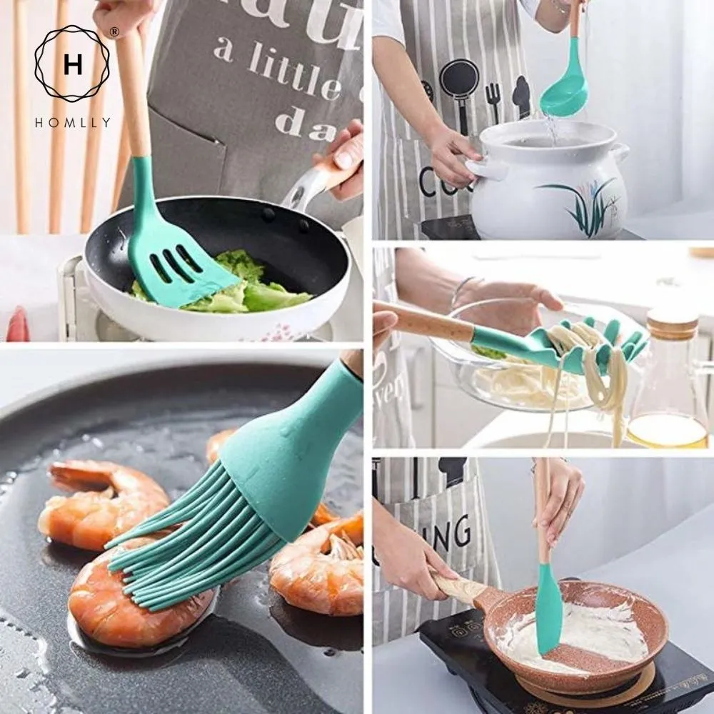 Homlly Silicone Cooking Kitchen 12 PCS Acacia Wooden Utensils Tool (BPA Free)