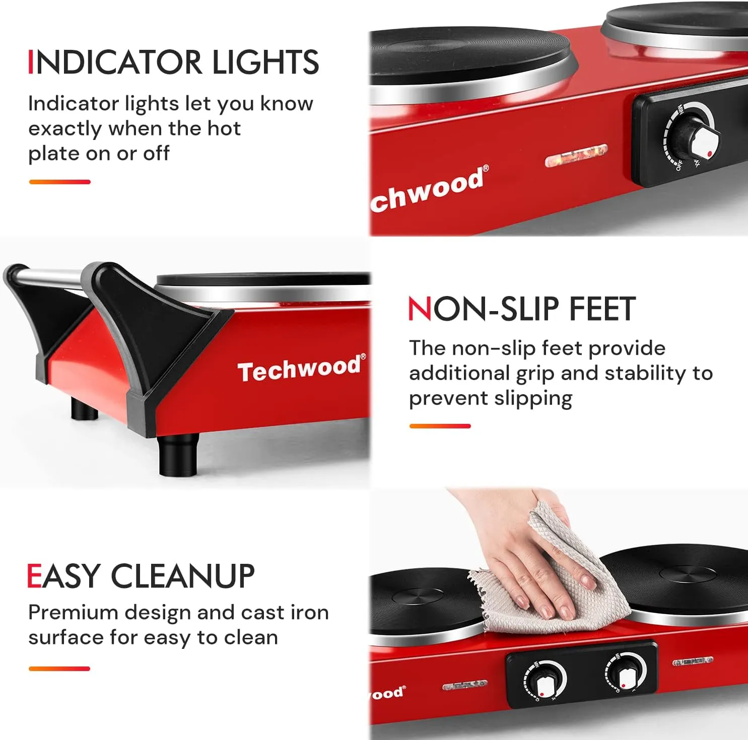 Hot Plate, Techwood 1800W Portable Electric Stove for Cooking Countertop Dual Burner with Adjustable Temperature & Stay Cool Handles, 7.5” Cooktop for Home/RV/Camp, Compatible for All Cookware, Red