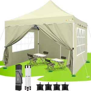HOTEEL Canopy Tent 10x10 Pop Up Canopy with 4 Removable Sidewalls, Silver Coated Easy Setup Canopy Tent with Sandbags, Waterproof Instant Portable Shelter for Parties, Events, Vendor, Khaki