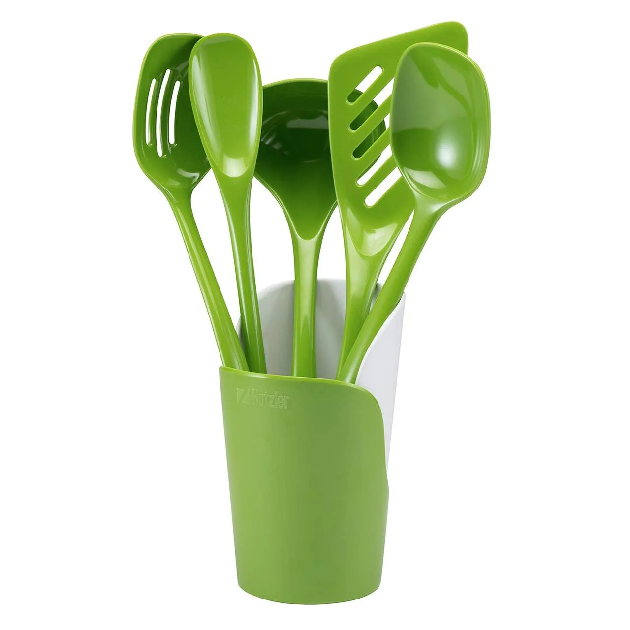 Hutzler 6-piece Melamine Cooking Utensils Set, Includes a 12-inch Long Slotted Spoon, Solid Spoon, Mixing Spoon, Slotted Turner, Soup Ladle, and Storage Crock