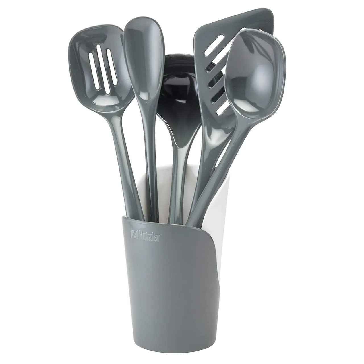 Hutzler 6-piece Melamine Cooking Utensils Set, Includes a 12-inch Long Slotted Spoon, Solid Spoon, Mixing Spoon, Slotted Turner, Soup Ladle, and Storage Crock