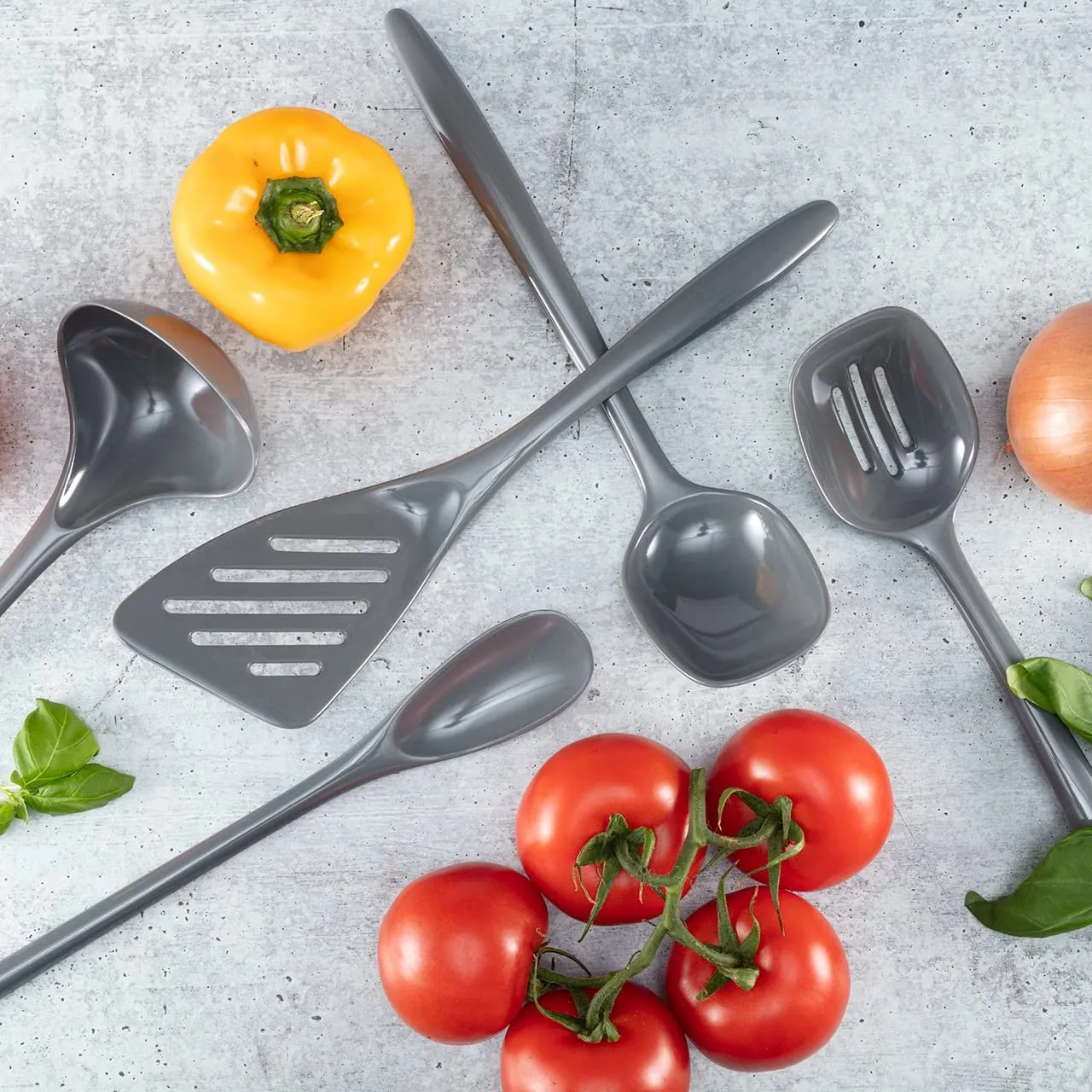 Hutzler 6-piece Melamine Cooking Utensils Set, Includes a 12-inch Long Slotted Spoon, Solid Spoon, Mixing Spoon, Slotted Turner, Soup Ladle, and Storage Crock