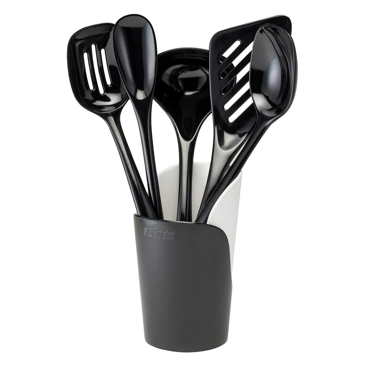 Hutzler 6-piece Melamine Cooking Utensils Set, Includes a 12-inch Long Slotted Spoon, Solid Spoon, Mixing Spoon, Slotted Turner, Soup Ladle, and Storage Crock