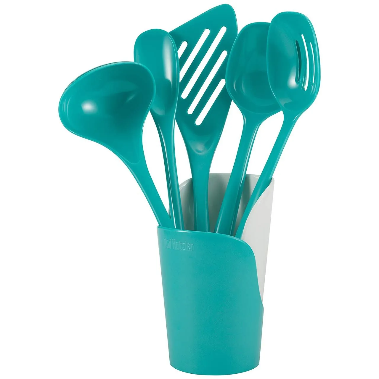 Hutzler 6-piece Melamine Cooking Utensils Set, Includes a 12-inch Long Slotted Spoon, Solid Spoon, Mixing Spoon, Slotted Turner, Soup Ladle, and Storage Crock