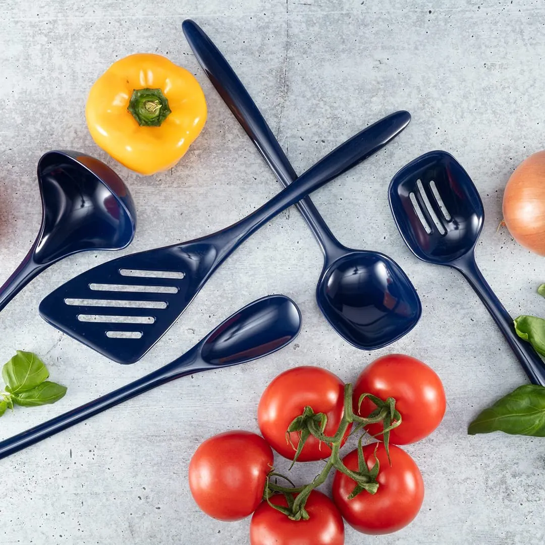 Hutzler 6-piece Melamine Cooking Utensils Set, Includes a 12-inch Long Slotted Spoon, Solid Spoon, Mixing Spoon, Slotted Turner, Soup Ladle, and Storage Crock