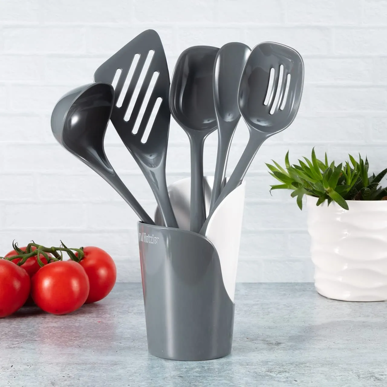 Hutzler 6-piece Melamine Cooking Utensils Set, Includes a 12-inch Long Slotted Spoon, Solid Spoon, Mixing Spoon, Slotted Turner, Soup Ladle, and Storage Crock