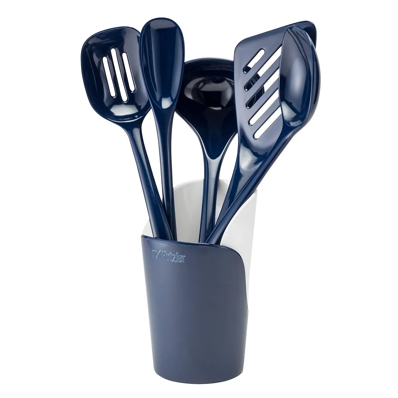 Hutzler 6-piece Melamine Cooking Utensils Set, Includes a 12-inch Long Slotted Spoon, Solid Spoon, Mixing Spoon, Slotted Turner, Soup Ladle, and Storage Crock