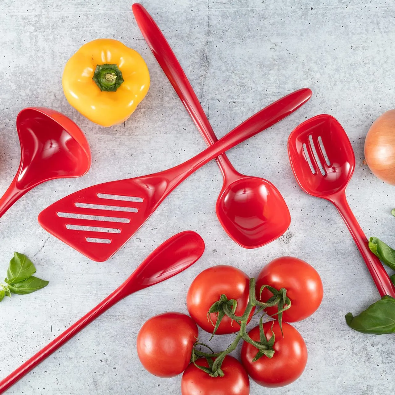 Hutzler 6-piece Melamine Cooking Utensils Set, Includes a 12-inch Long Slotted Spoon, Solid Spoon, Mixing Spoon, Slotted Turner, Soup Ladle, and Storage Crock