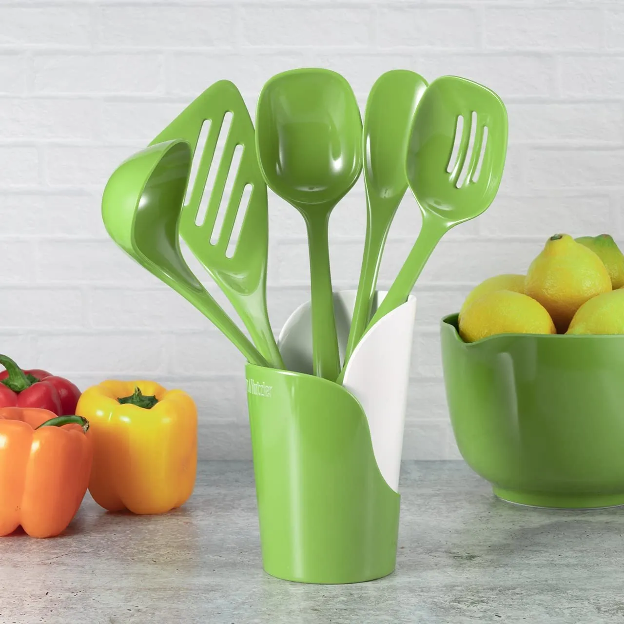 Hutzler 6-piece Melamine Cooking Utensils Set, Includes a 12-inch Long Slotted Spoon, Solid Spoon, Mixing Spoon, Slotted Turner, Soup Ladle, and Storage Crock