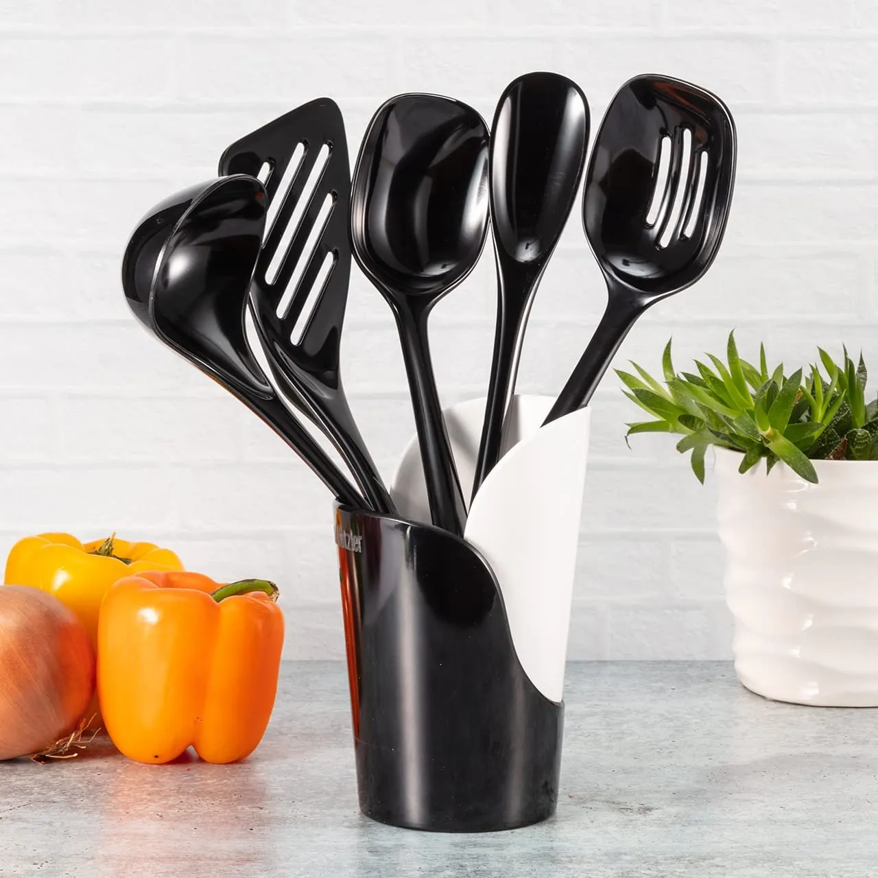 Hutzler 6-piece Melamine Cooking Utensils Set, Includes a 12-inch Long Slotted Spoon, Solid Spoon, Mixing Spoon, Slotted Turner, Soup Ladle, and Storage Crock