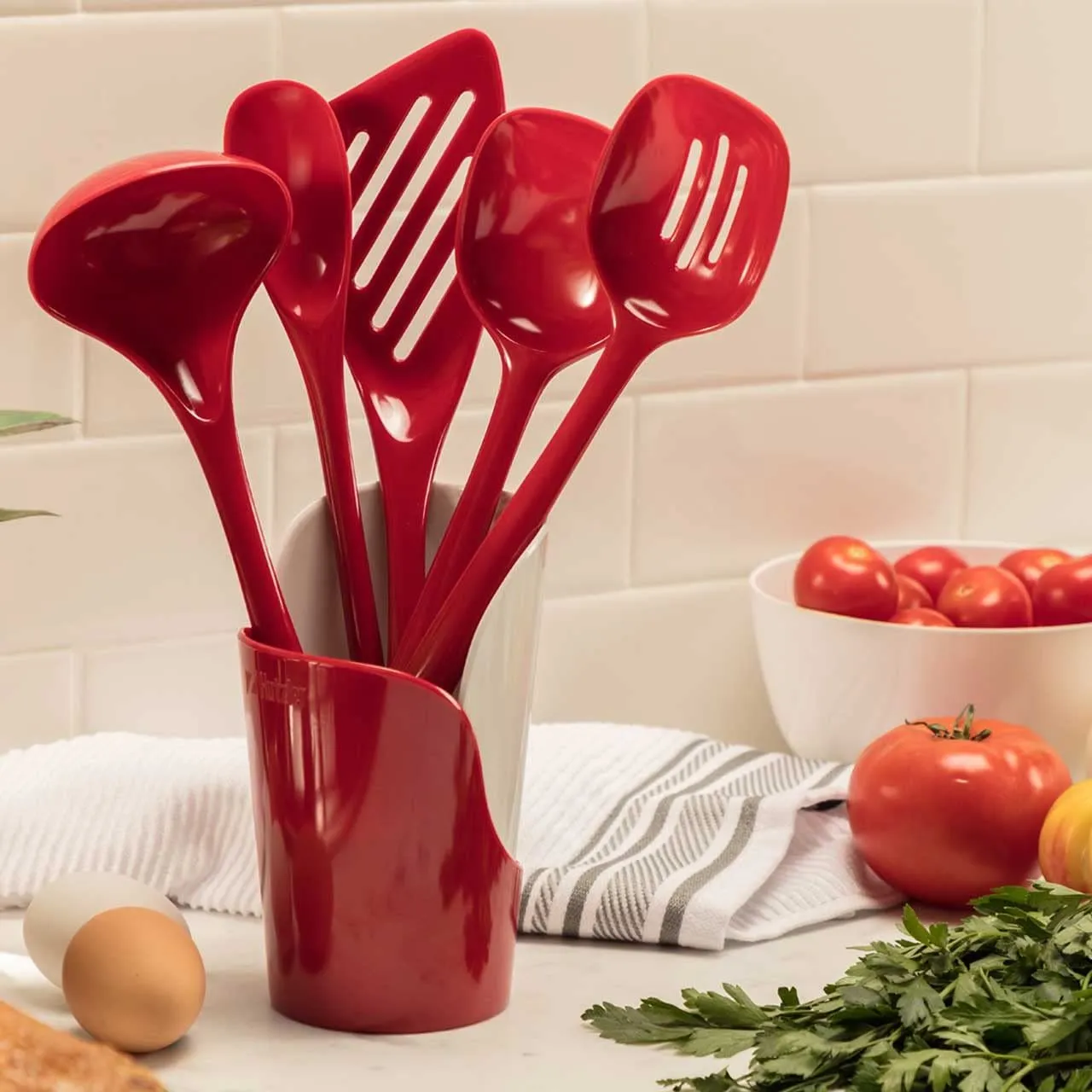 Hutzler 6-piece Melamine Cooking Utensils Set, Includes a 12-inch Long Slotted Spoon, Solid Spoon, Mixing Spoon, Slotted Turner, Soup Ladle, and Storage Crock