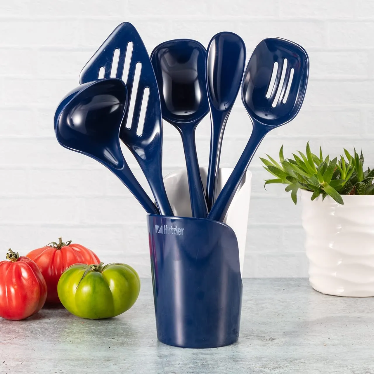 Hutzler 6-piece Melamine Cooking Utensils Set, Includes a 12-inch Long Slotted Spoon, Solid Spoon, Mixing Spoon, Slotted Turner, Soup Ladle, and Storage Crock