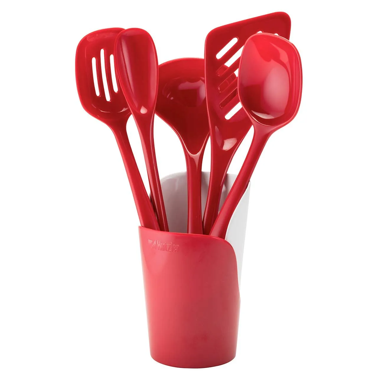 Hutzler 6-piece Melamine Cooking Utensils Set, Includes a 12-inch Long Slotted Spoon, Solid Spoon, Mixing Spoon, Slotted Turner, Soup Ladle, and Storage Crock