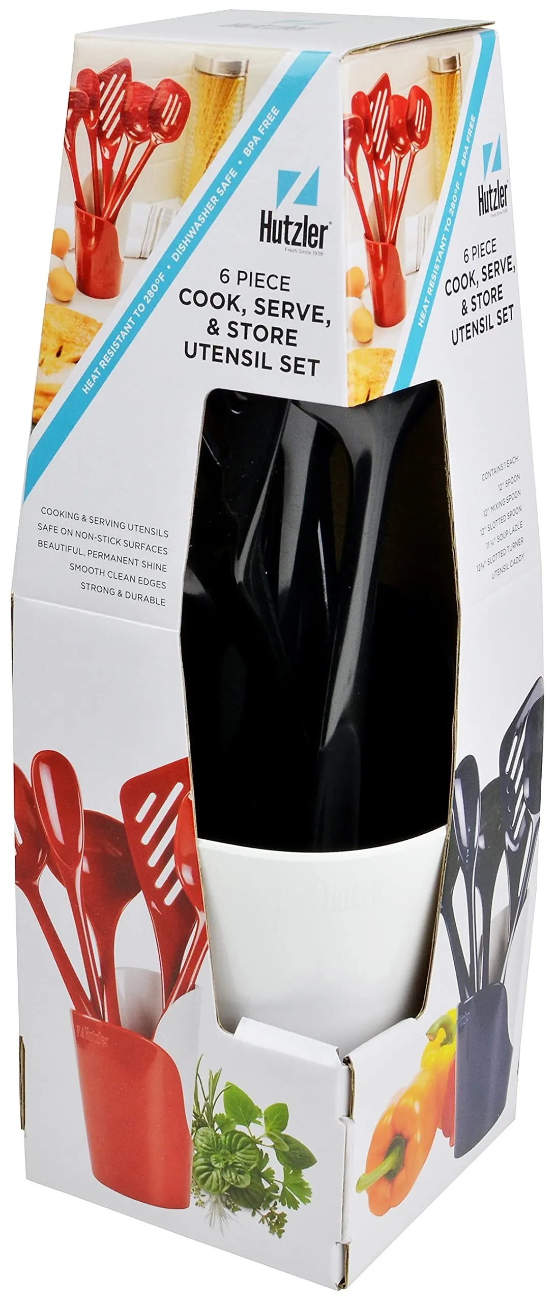 Hutzler 6-piece Melamine Cooking Utensils Set, Includes a 12-inch Long Slotted Spoon, Solid Spoon, Mixing Spoon, Slotted Turner, Soup Ladle, and Storage Crock