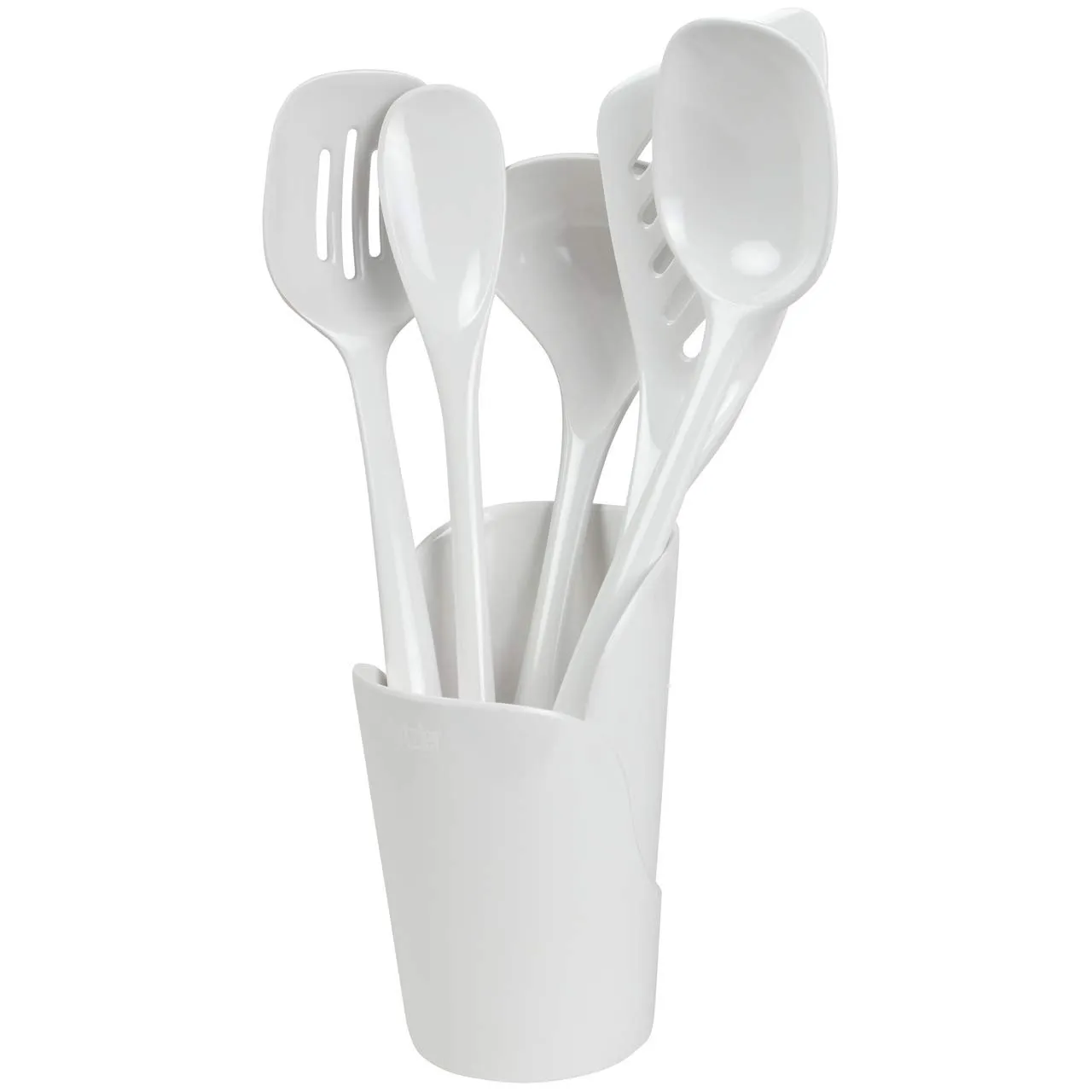 Hutzler 6-piece Melamine Cooking Utensils Set, Includes a 12-inch Long Slotted Spoon, Solid Spoon, Mixing Spoon, Slotted Turner, Soup Ladle, and Storage Crock